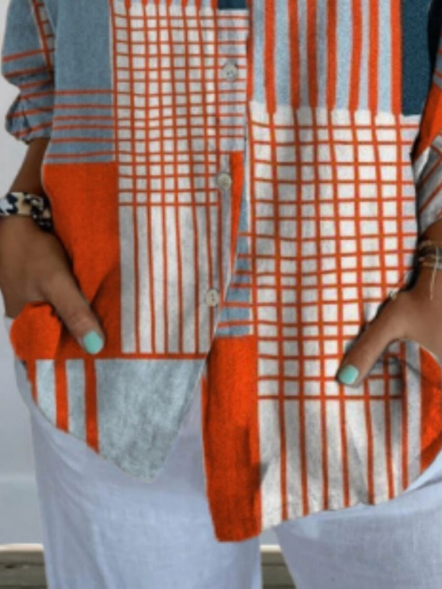 Blusa de mujer con bloques de color geométricos, camisa elegante de manga larga con cuello. Ajuste regular, ideal para el día a día o vacaciones, con cierre de botones y estampado, en azul, perfecta para el verano.