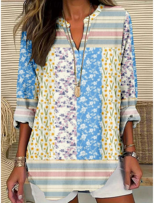 Blusa para mujer con estampado floral, moderna y elegante, de manga larga y escote en V. Corte regular, ideal para el día a día o para vacaciones, con diseño estampado en blanco y negro, perfecta para el verano.