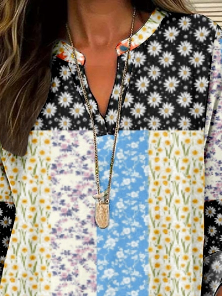 Blusa para mujer con estampado floral, moderna y elegante, de manga larga y escote en V. Corte regular, ideal para el día a día o para vacaciones, con diseño estampado en blanco y negro, perfecta para el verano.