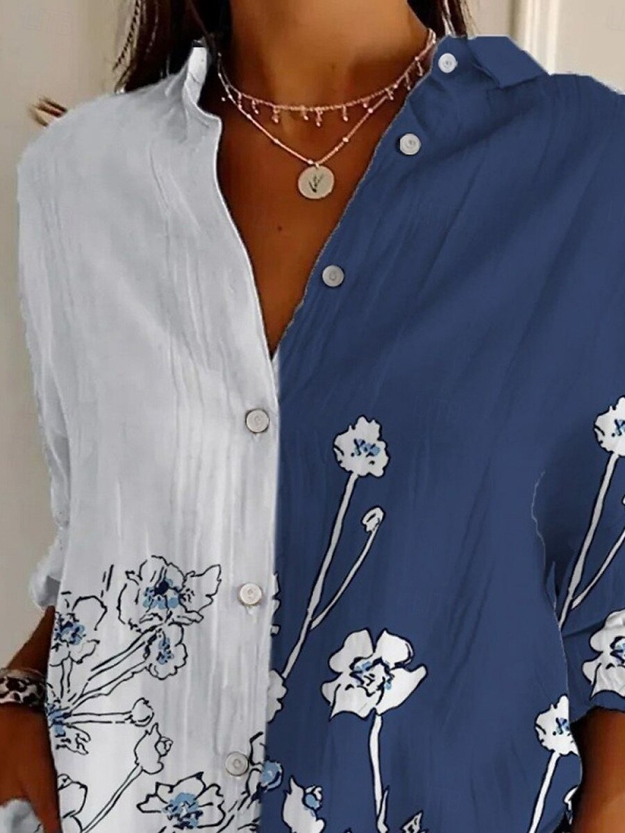 Camisa para mujer con estampado floral, de estilo deportivo y elegante, manga larga y cuello clásico. Corte regular, perfecta para el día a día o para vacaciones, con cierre de botones y diseño estampado en azul, ideal para primavera y otoño.