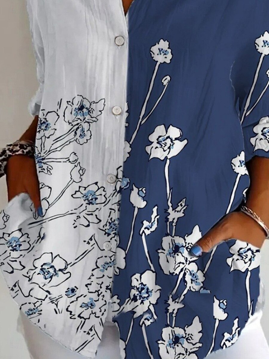 Camisa para mujer con estampado floral, de estilo deportivo y elegante, manga larga y cuello clásico. Corte regular, perfecta para el día a día o para vacaciones, con cierre de botones y diseño estampado en azul, ideal para primavera y otoño.