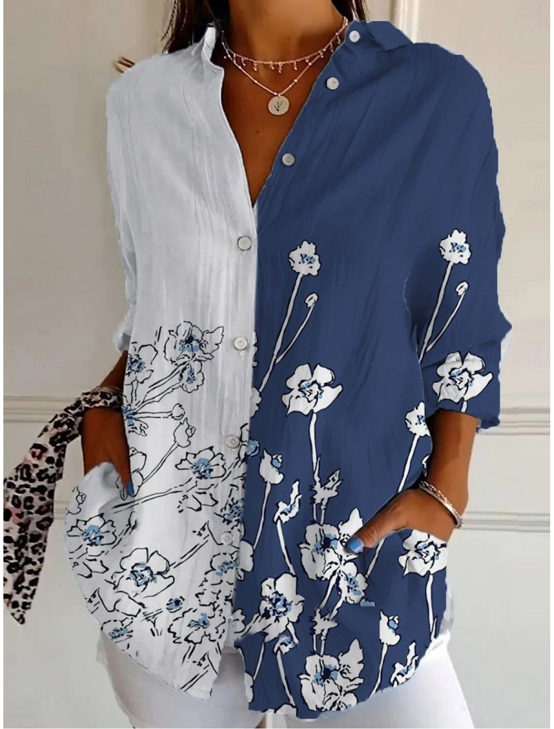 Camisa para mujer con estampado floral, de estilo deportivo y elegante, manga larga y cuello clásico. Corte regular, perfecta para el día a día o para vacaciones, con cierre de botones y diseño estampado en azul, ideal para primavera y otoño.