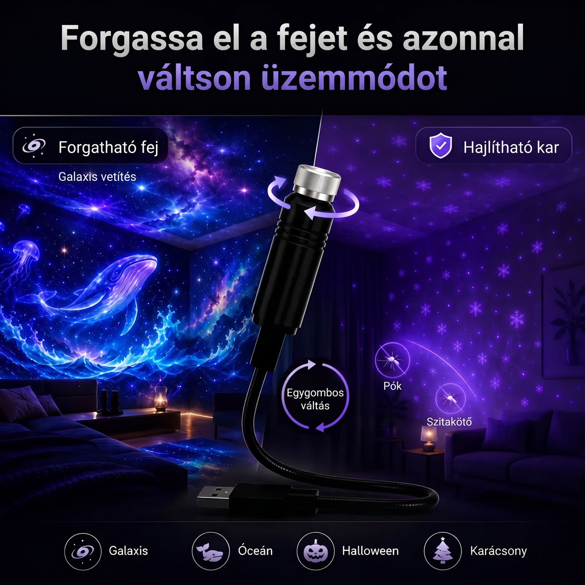 Vitalisys® 5D Intelligens Csillagprojektor 🌌 – Több mint 30 dinamikus jelenet és alkalmazáson keresztüli vezérlés 🍈