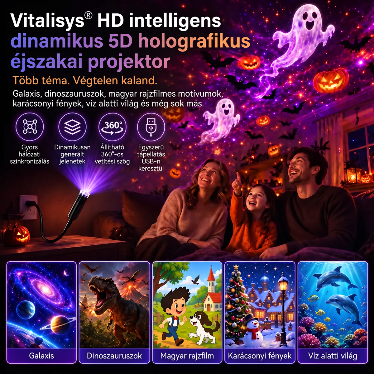 Vitalisys® 5D Intelligens Csillagprojektor 🌌 – Több mint 30 dinamikus jelenet és alkalmazáson keresztüli vezérlés 🍈