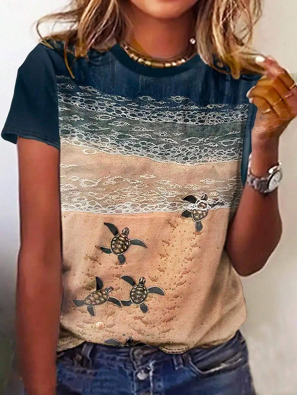 Camiseta Ocean Casual para mujer, de manga corta y cuello redondo, ajuste regular, con estampado para uso diario, en color azul, ideal para primavera y verano.