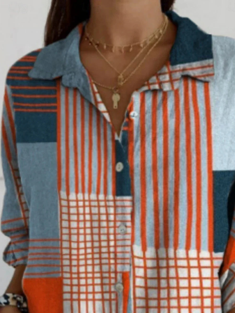 Blusa de mujer con bloques de color geométricos, camisa elegante de manga larga con cuello. Ajuste regular, ideal para el día a día o vacaciones, con cierre de botones y estampado, en azul, perfecta para el verano.