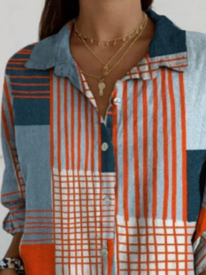 Blusa de mujer con bloques de color geométricos, camisa elegante de manga larga con cuello. Ajuste regular, ideal para el día a día o vacaciones, con cierre de botones y estampado, en azul, perfecta para el verano.
