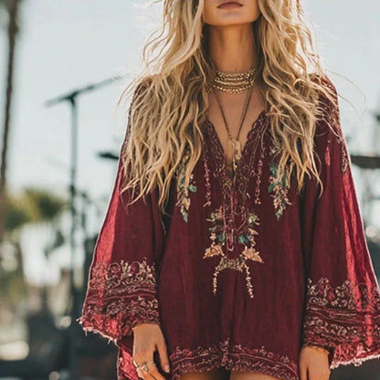 Vestido midi para mujer de estilo boho, clásico vintage, ideal para vacaciones o uso diario. Ajuste regular, con estampado floral, mangas largas y escote en V, en color rojo, perfecto para el verano.