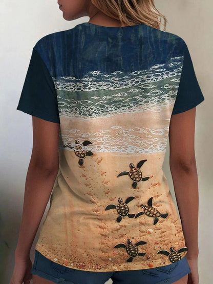 Camiseta Ocean Casual para mujer, de manga corta y cuello redondo, ajuste regular, con estampado para uso diario, en color azul, ideal para primavera y verano.