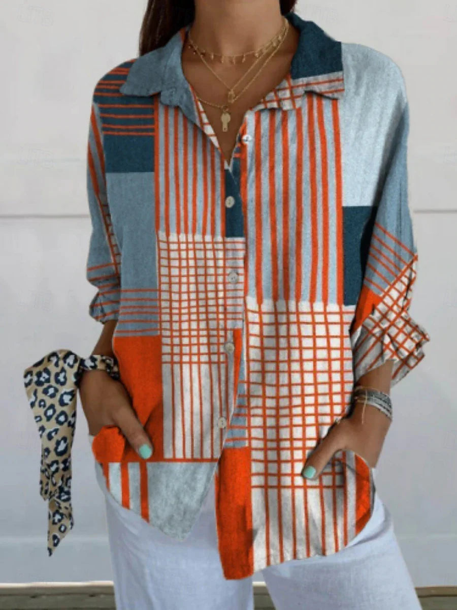 Blusa de mujer con bloques de color geométricos, camisa elegante de manga larga con cuello. Ajuste regular, ideal para el día a día o vacaciones, con cierre de botones y estampado, en azul, perfecta para el verano.