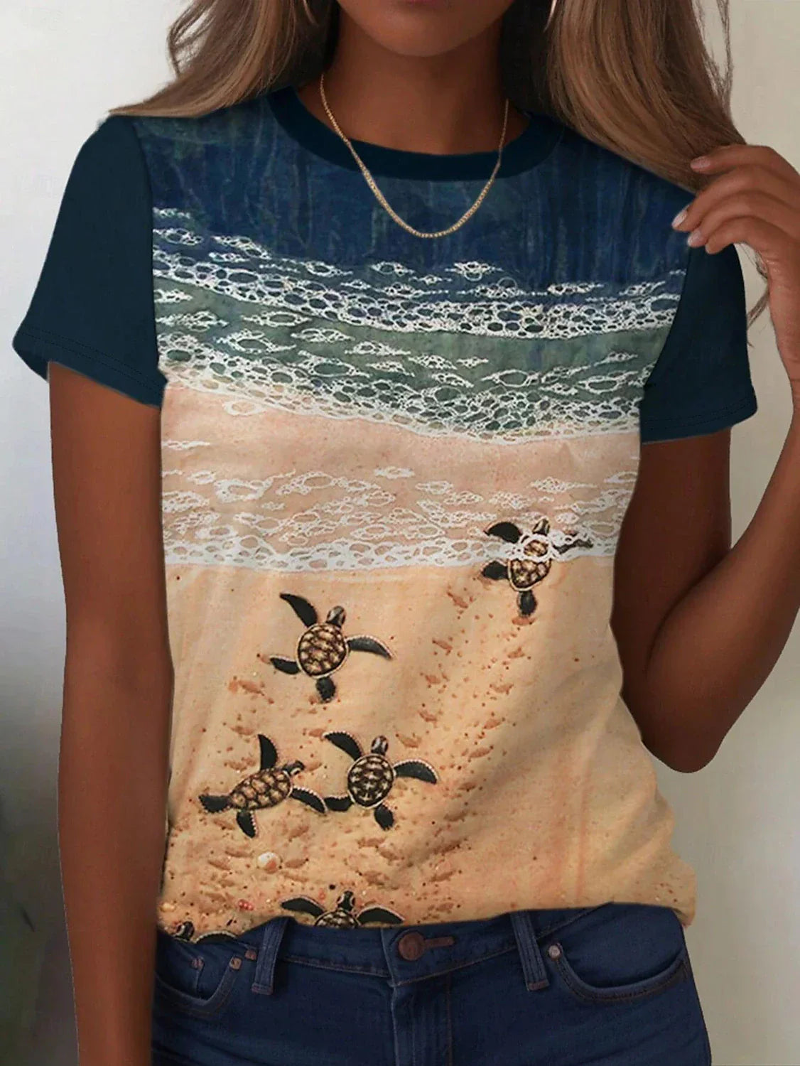 Camiseta Ocean Casual para mujer, de manga corta y cuello redondo, ajuste regular, con estampado para uso diario, en color azul, ideal para primavera y verano.