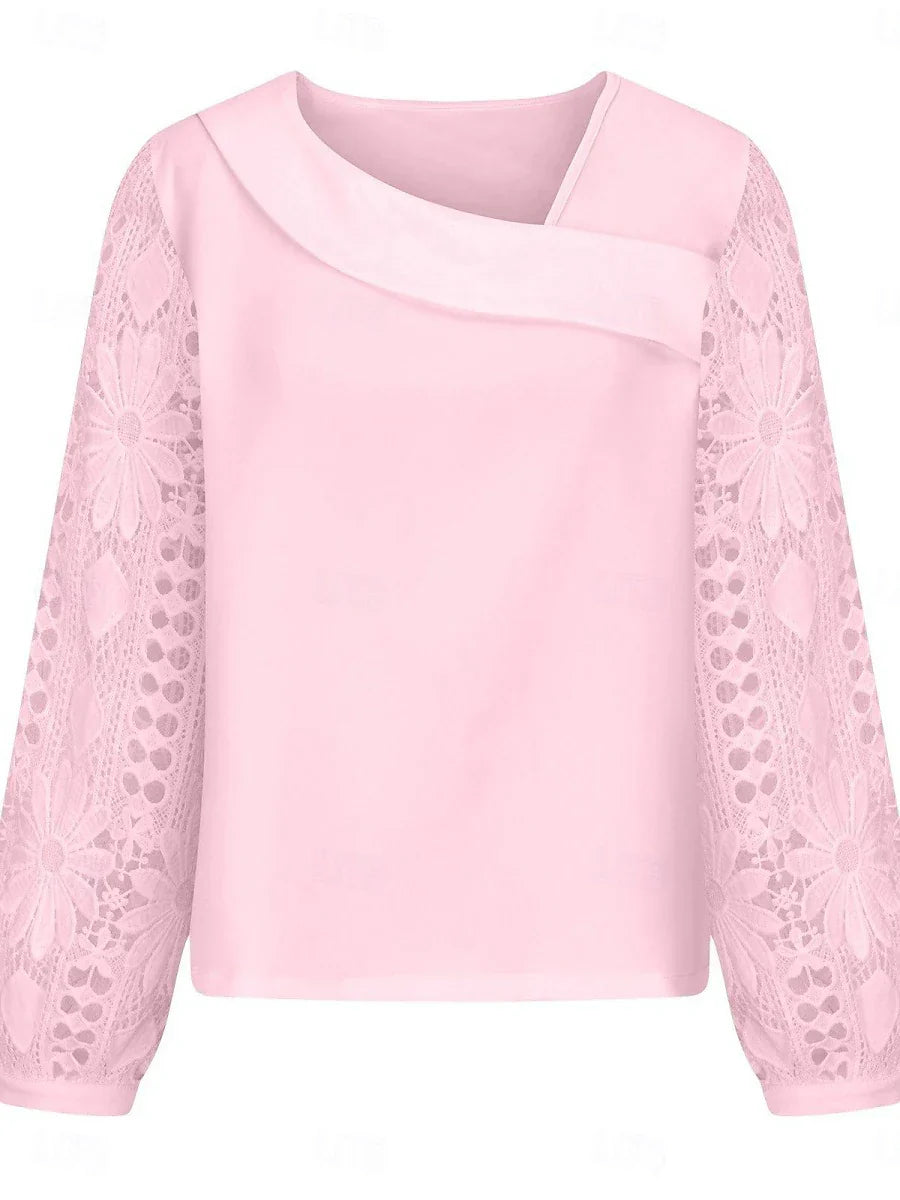 Blusa de encaje para mujer: elegante, manga larga, bordado calado y detalle asimétrico en patchwork. Ajuste regular, colores negro, blanco y rosa. Perfecta para verano, uso diario y vacaciones.
