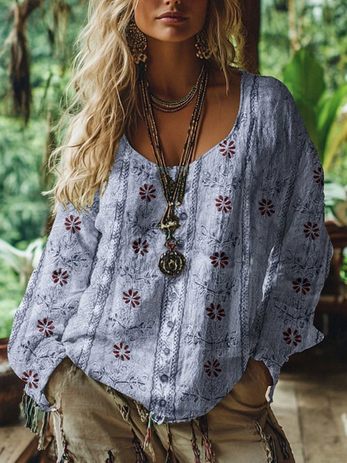 Blusa western boho para mujer: manga larga, escote en V, estampado floral en tonos pastel. Corte regular, ideal para verano, otoño y uso diario.